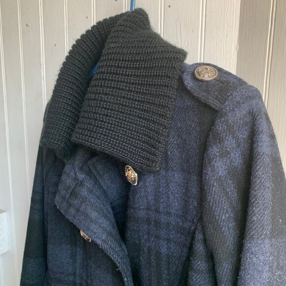 Guess Women's Blue Black Plaid Double Breast Wool Pea Coat Knit Collar Military - Picture 13 of 16